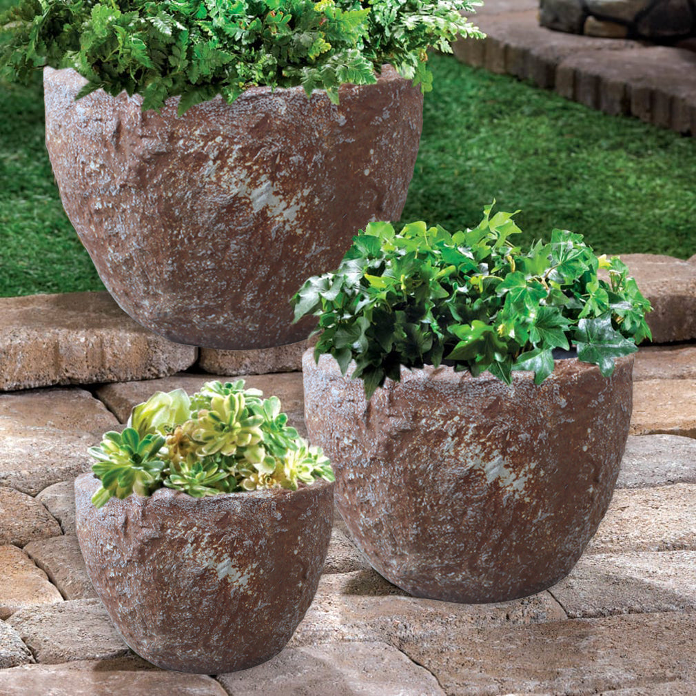 Set of Three 21 Brown Stone Indoor Outdoor Round Pot Planter