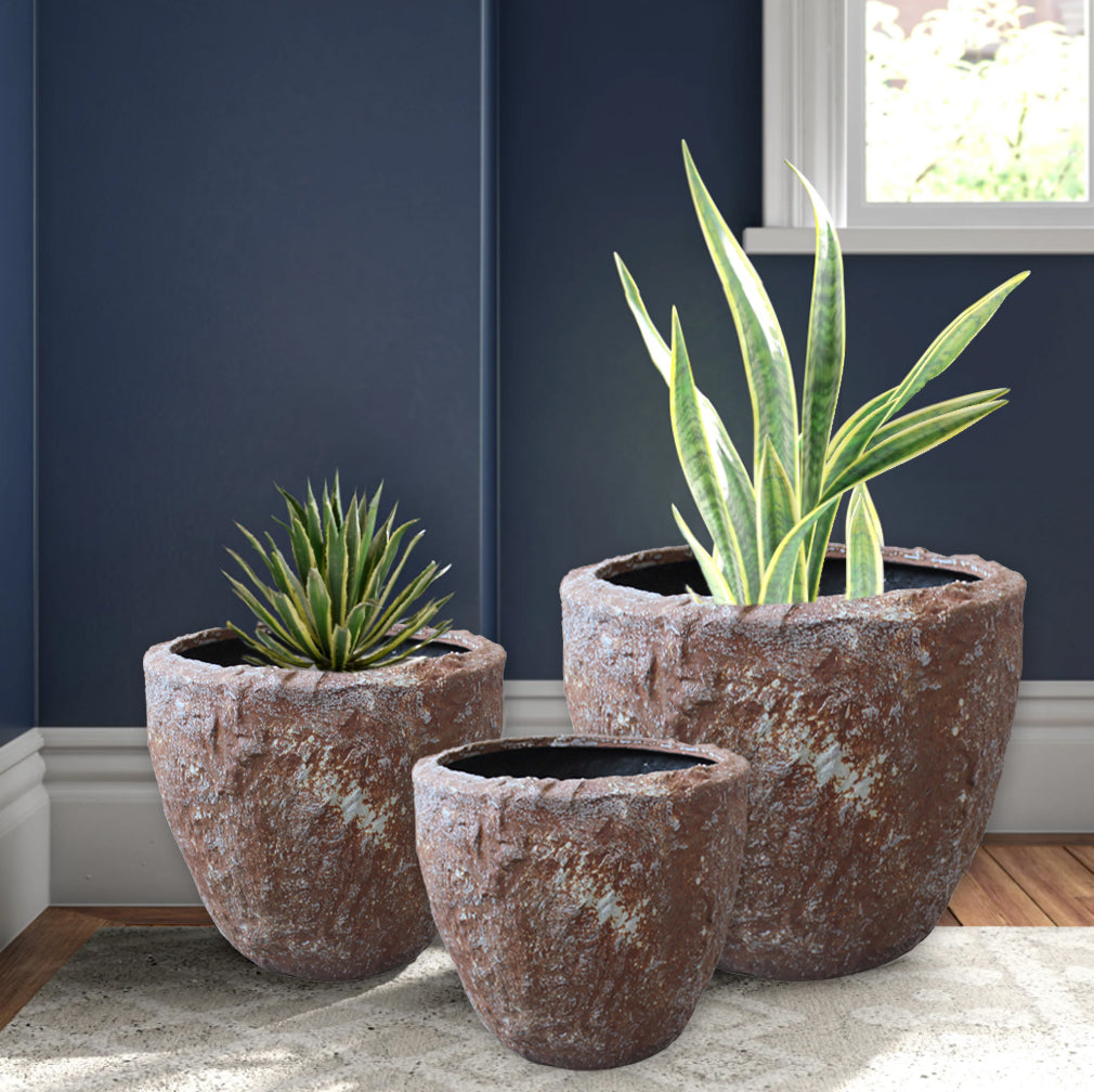 Set of Three 21 Brown Stone Indoor Outdoor Round Pot Planter