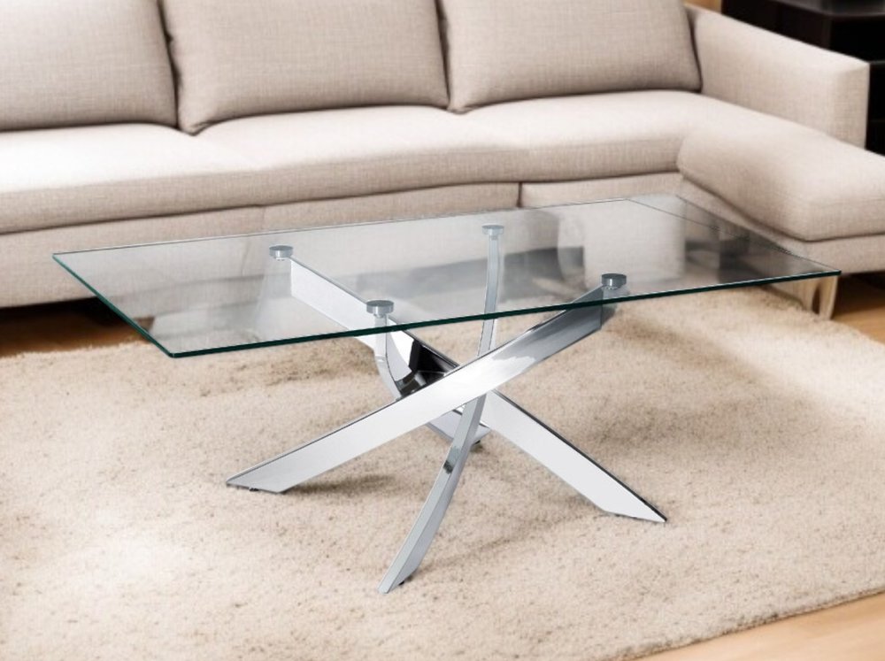 Clear and Silver Glass and Steel Cross Legs Coffee Table - 47-inch