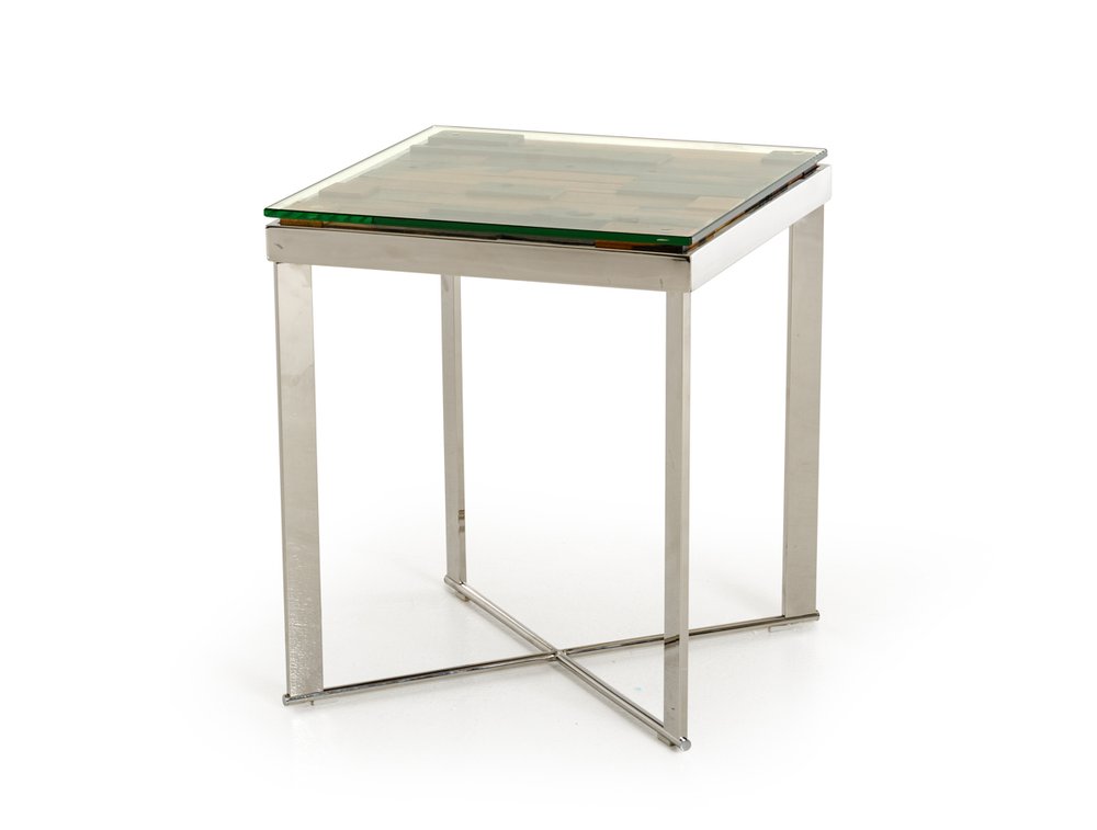 Silver and Brown Reclaimed Wood Glass and Steel Square End Table