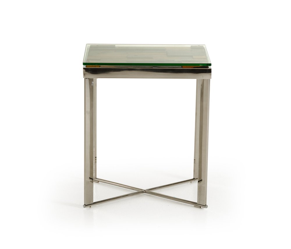 Silver and Brown Reclaimed Wood Glass and Steel Square End Table