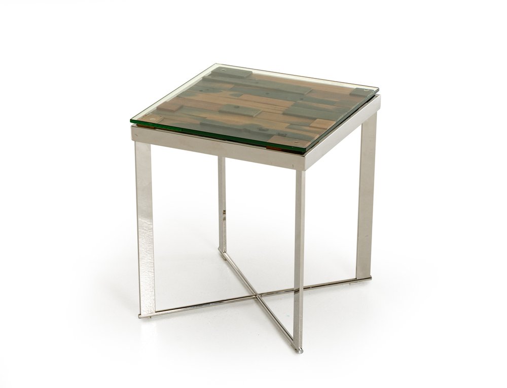 Silver and Brown Reclaimed Wood Glass and Steel Square End Table