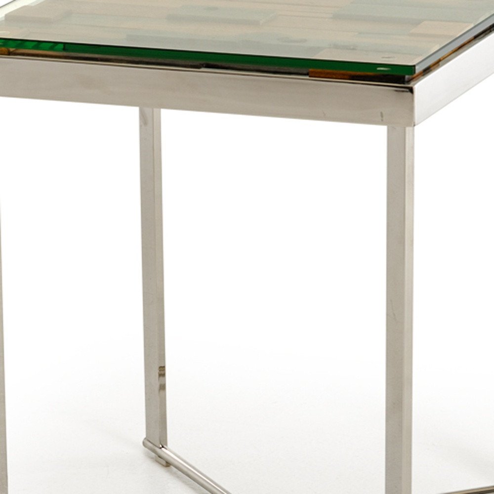 Silver and Brown Reclaimed Wood Glass and Steel Square End Table