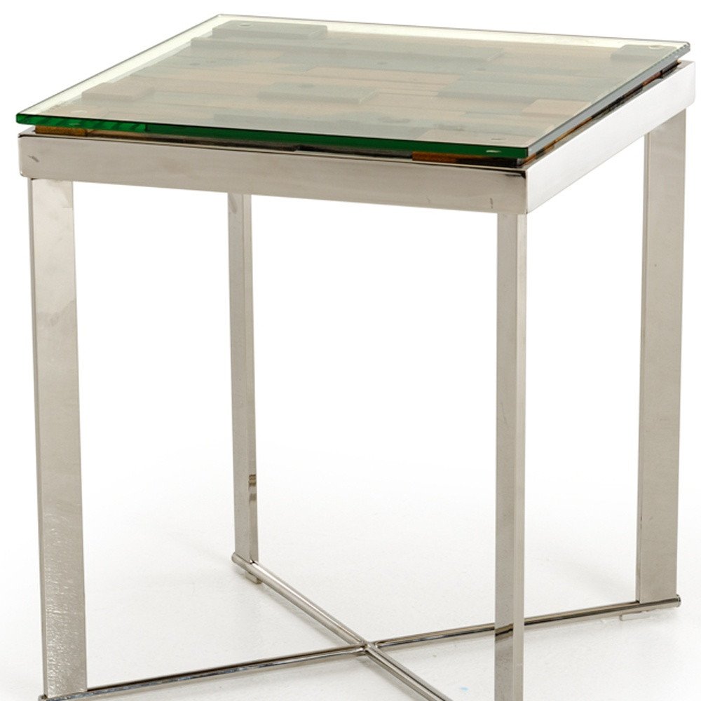 Silver and Brown Reclaimed Wood Glass and Steel Square End Table