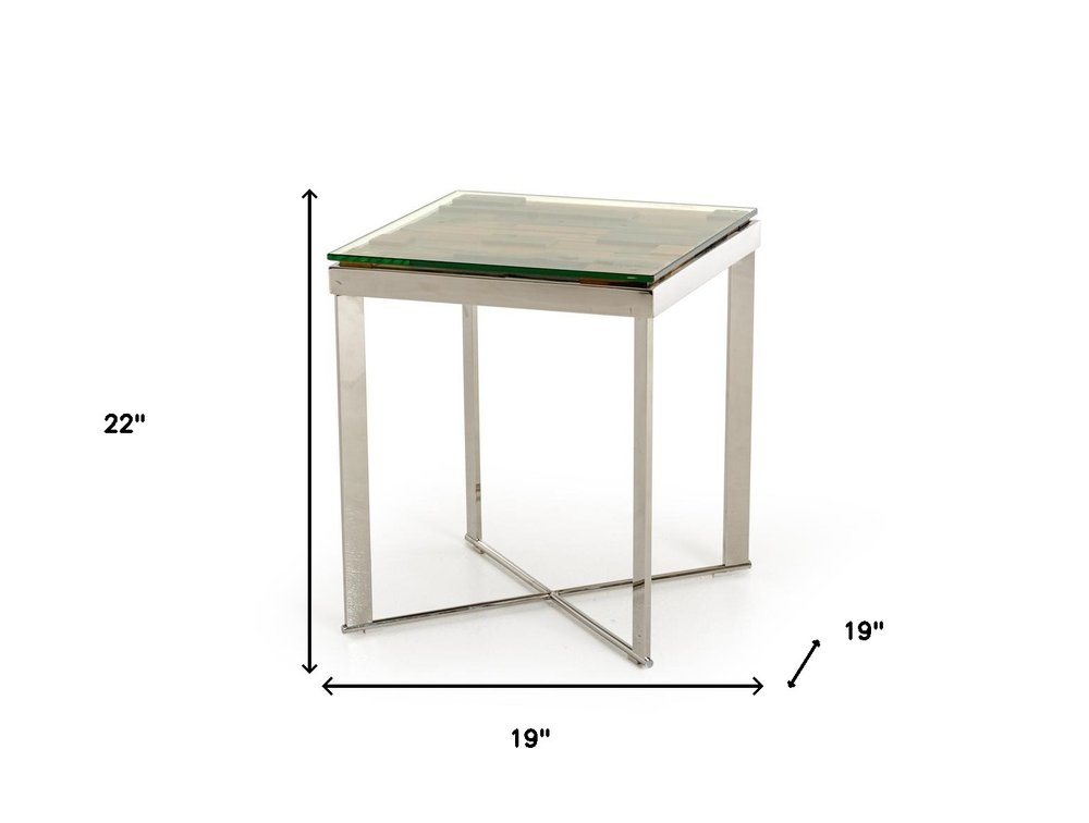 Silver and Brown Reclaimed Wood Glass and Steel Square End Table