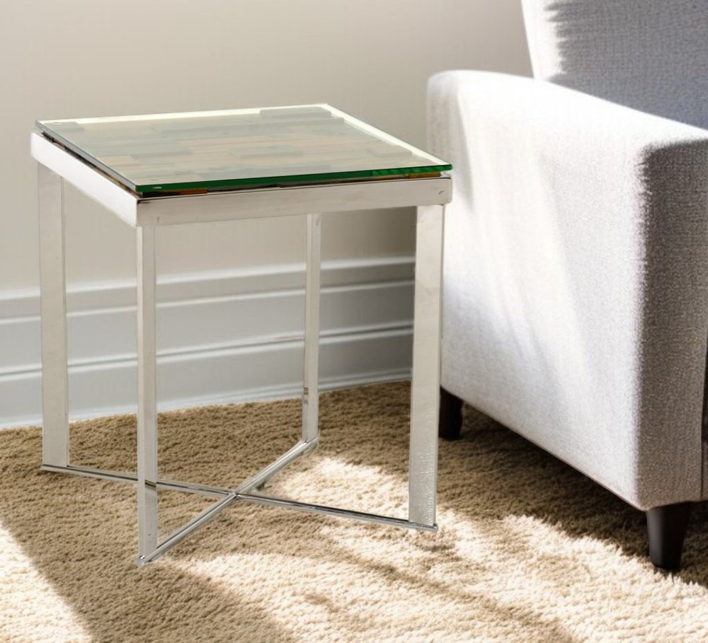 Silver and Brown Reclaimed Wood Glass and Steel Square End Table