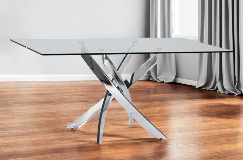 Clear and Silver Glass and Stainless Steel Pedestal Base Dining Table - 63-inch
