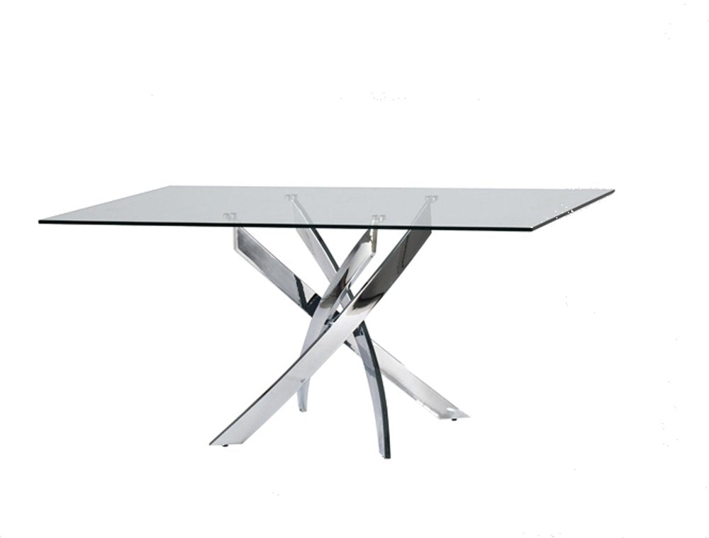 Clear and Silver Glass and Stainless Steel Pedestal Base Dining Table - 63-inch