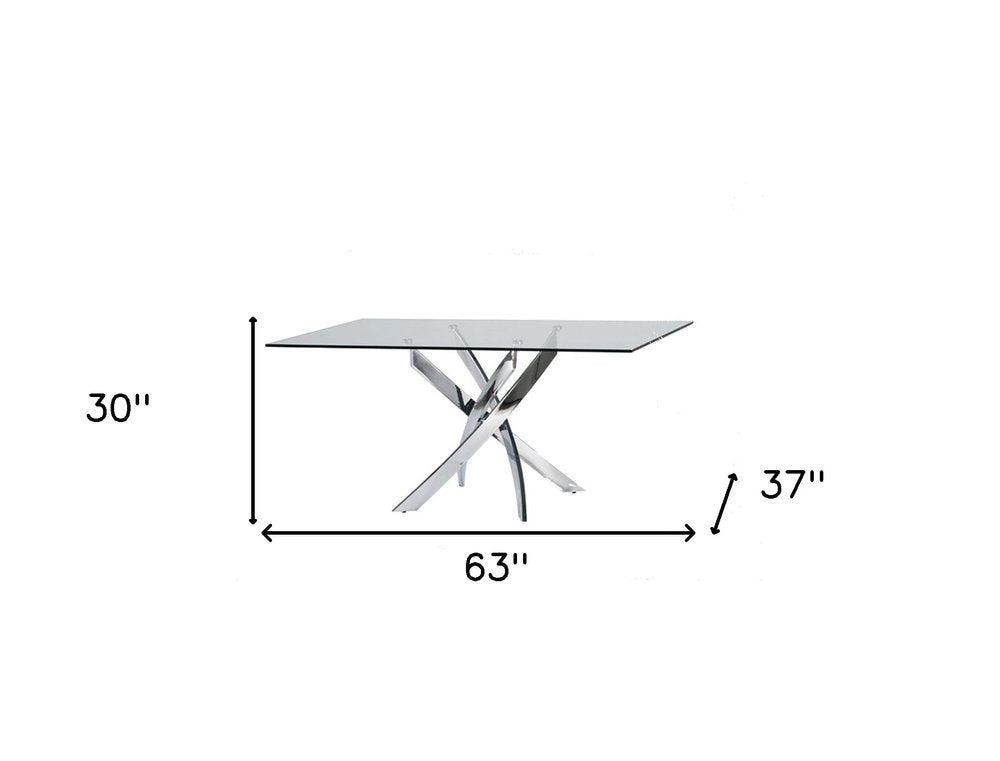 Clear and Silver Glass and Stainless Steel Pedestal Base Dining Table - 63-inch