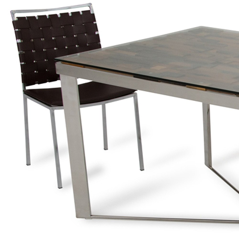 Clear and Silver Solid Wood and Stainless Steel Trestle Base Dining Table