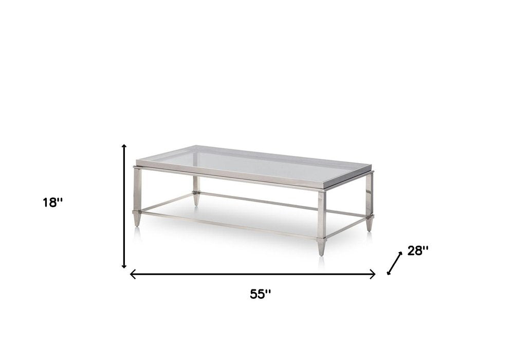Clear and Silver Glass and Steel Coffee Table - 55-inch