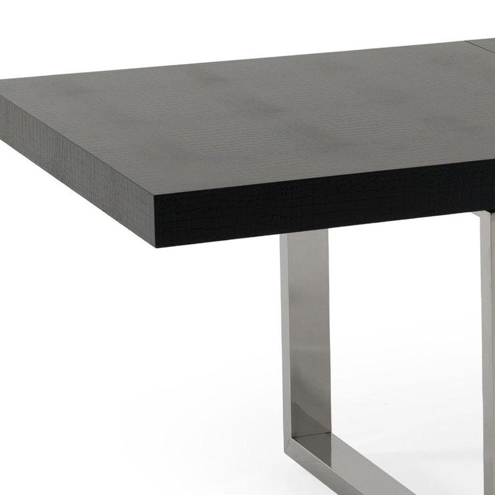 Black and Silver Wood and Stainless Steel Removable Leaf Sled Base Extendable Dining Table