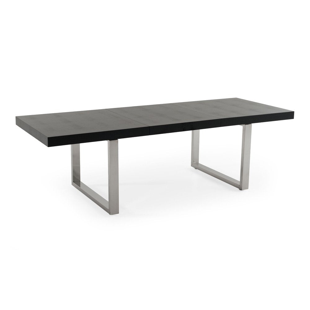 Black and Silver Wood and Stainless Steel Removable Leaf Sled Base Extendable Dining Table