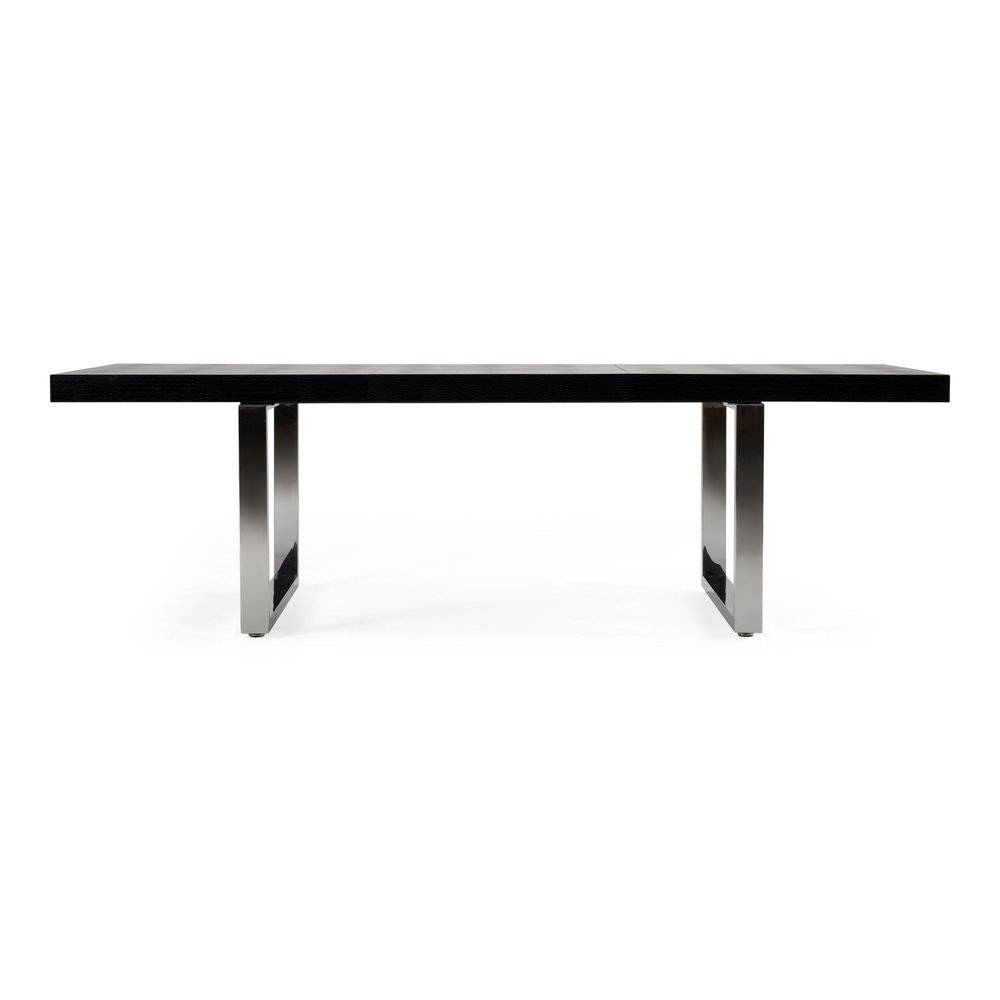 Black and Silver Wood and Stainless Steel Removable Leaf Sled Base Extendable Dining Table