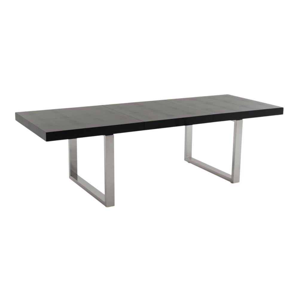 Black and Silver Wood and Stainless Steel Removable Leaf Sled Base Extendable Dining Table