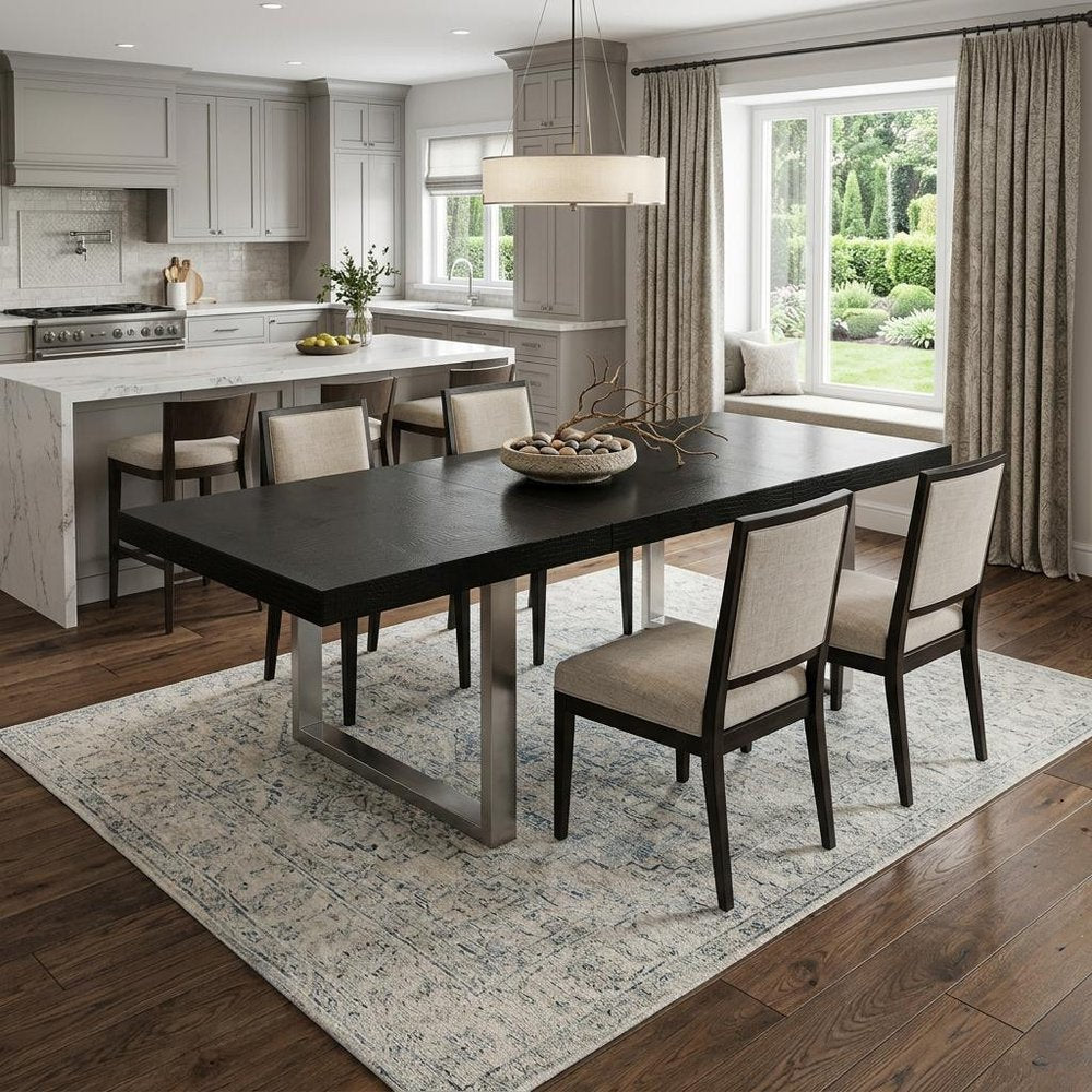 Black and Silver Wood and Stainless Steel Removable Leaf Sled Base Extendable Dining Table