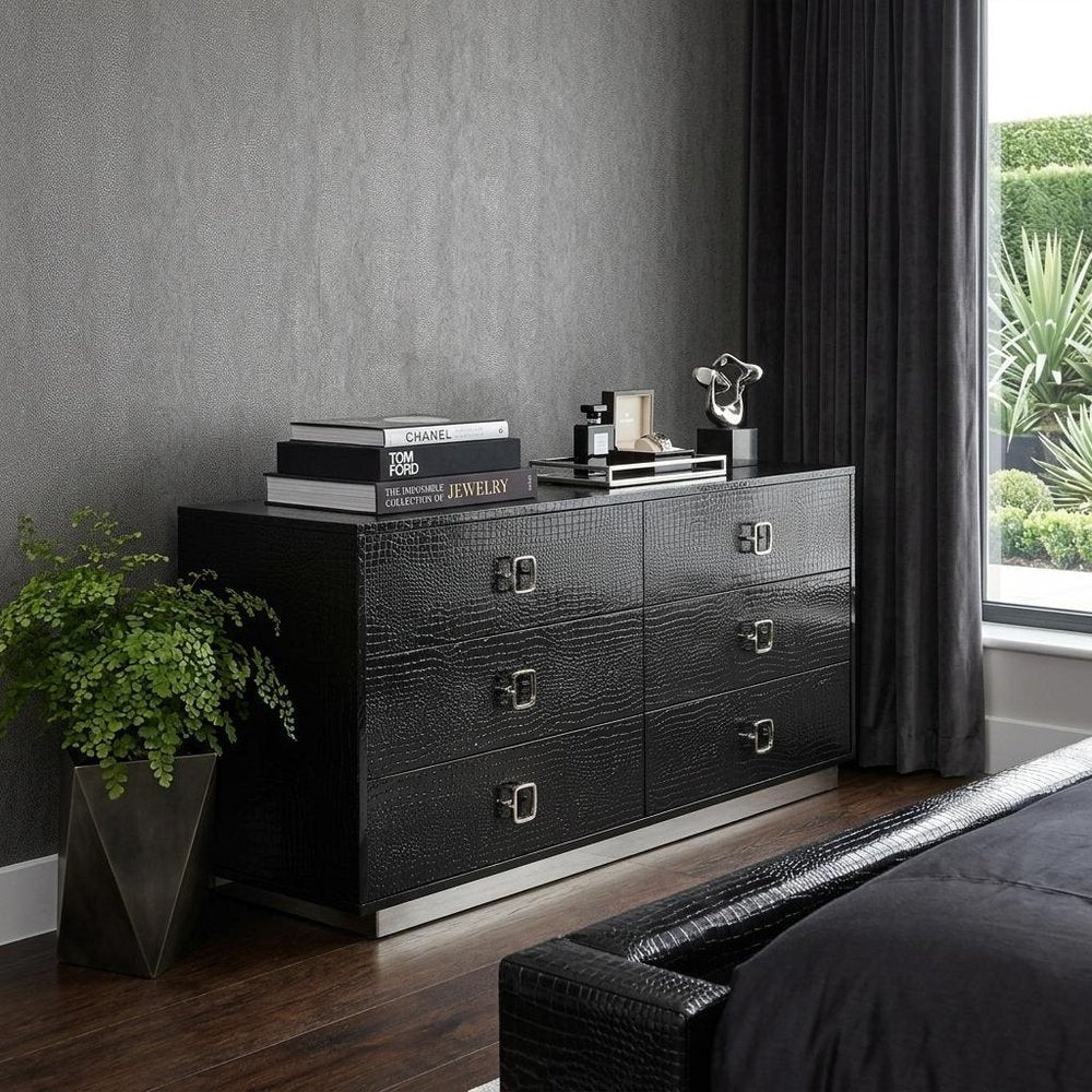 Black Wood Six Drawer Double Dresser - 63-inch