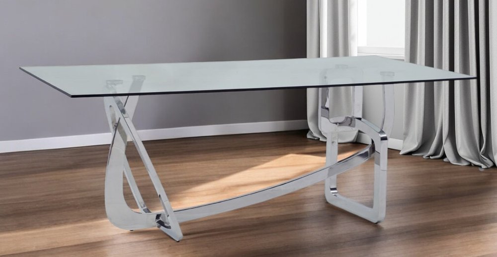 Clear and Silver Glass and Stainless Steel Trestle Base Dining Table - 79-inch