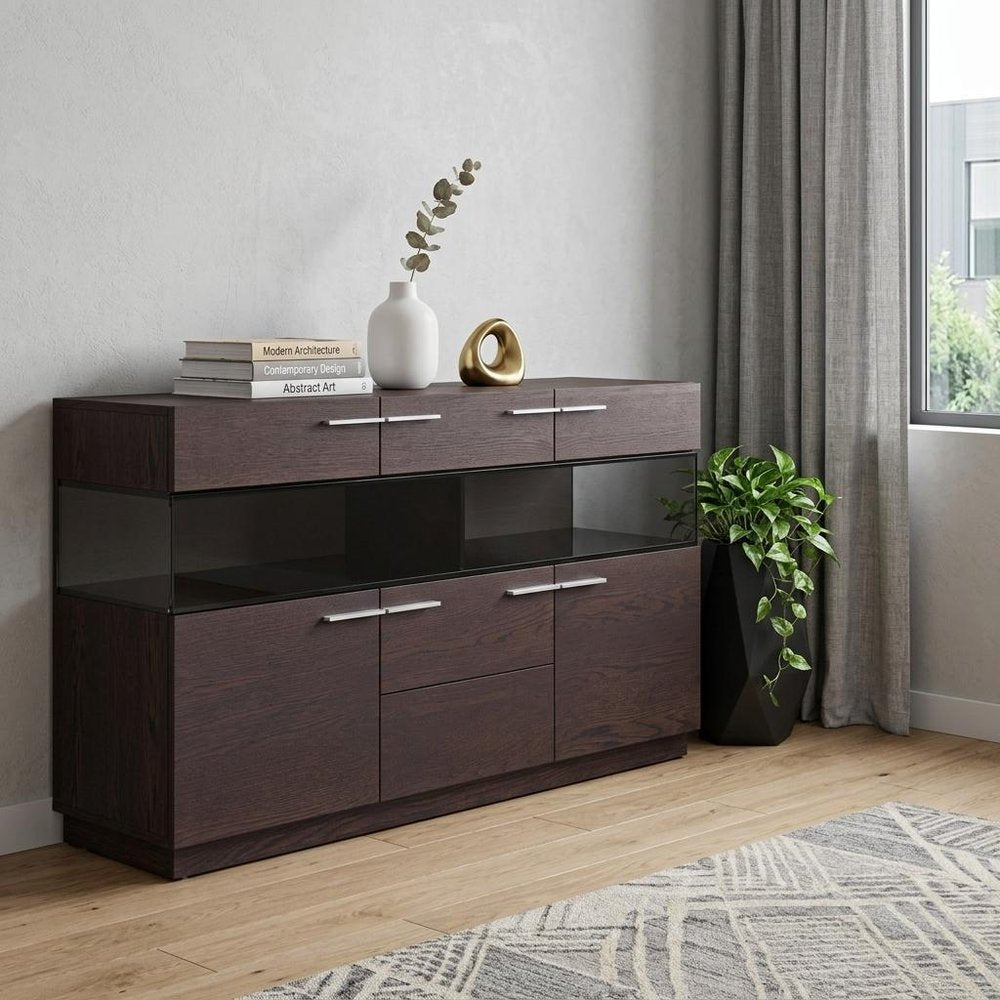 Brown Solid Wood Sideboard with Glass Doors - 59-inch