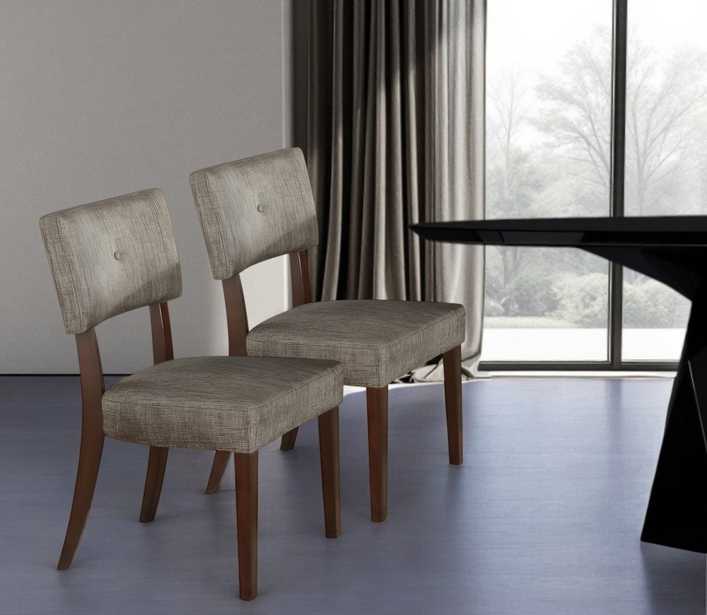 Set of Two Tufted Gray and Brown Upholstered Fabric Open Back Dining Side Chairs