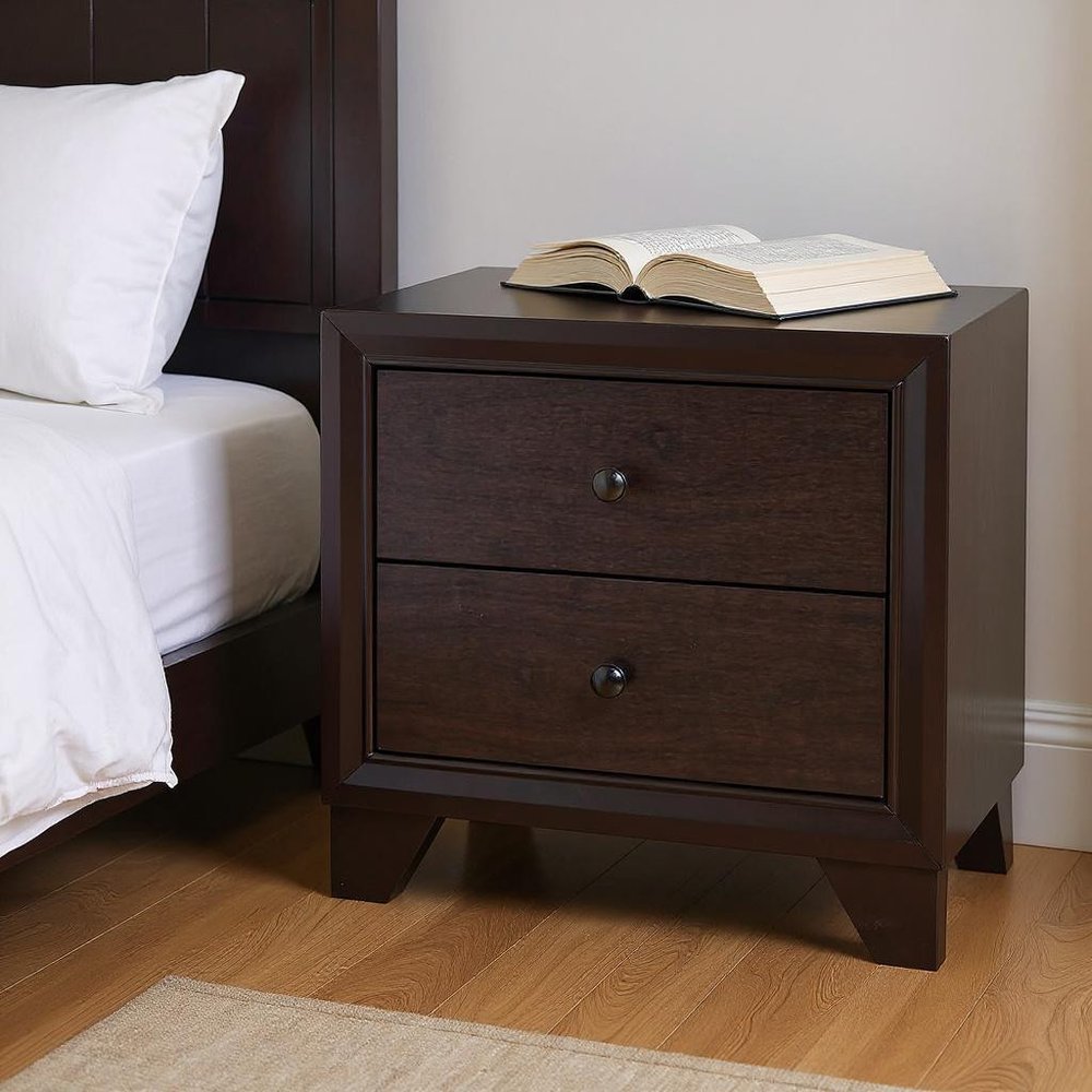 Espresso Two Drawers Solid Wood Nightstand - 22-inch