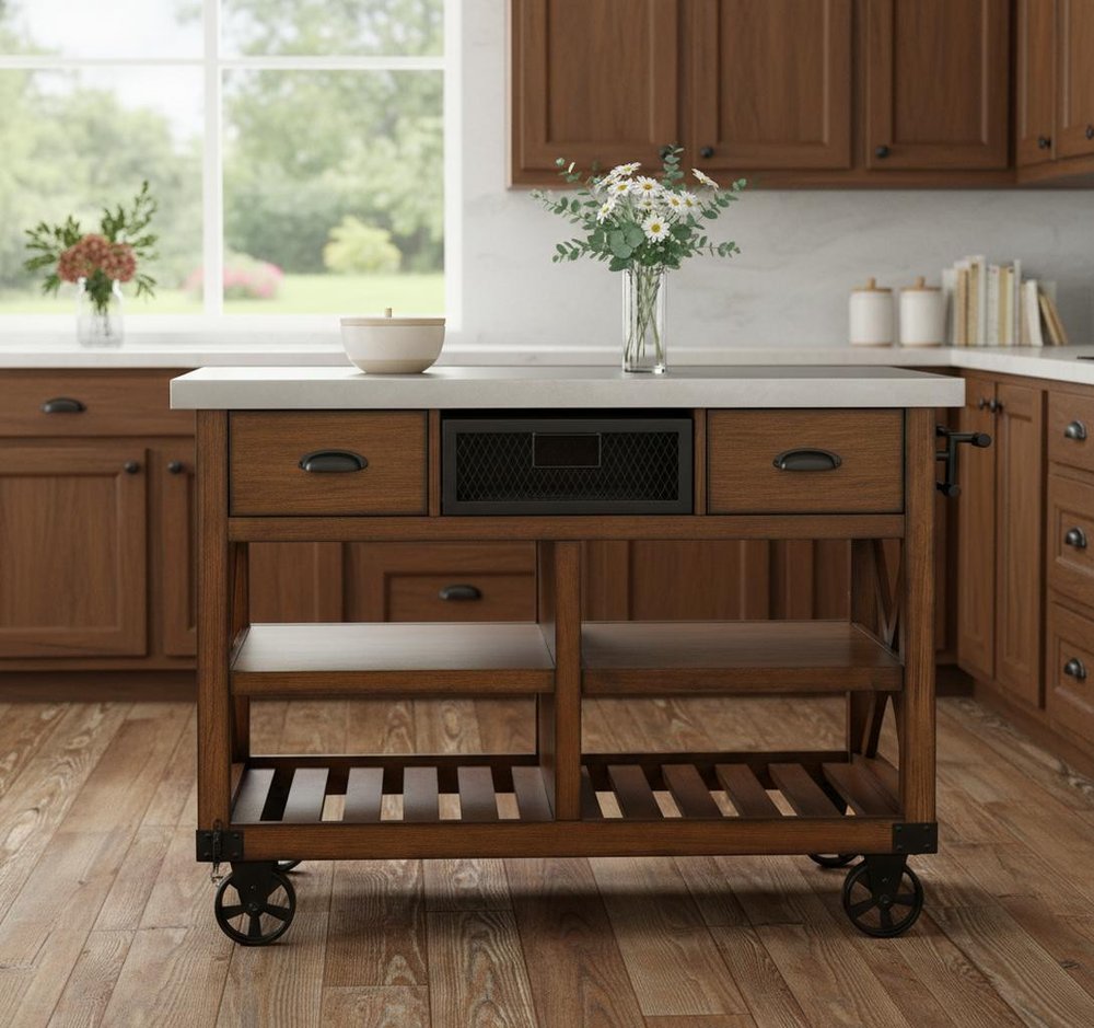 Brown and Silver 48 Rolling Kitchen Cart with Storage