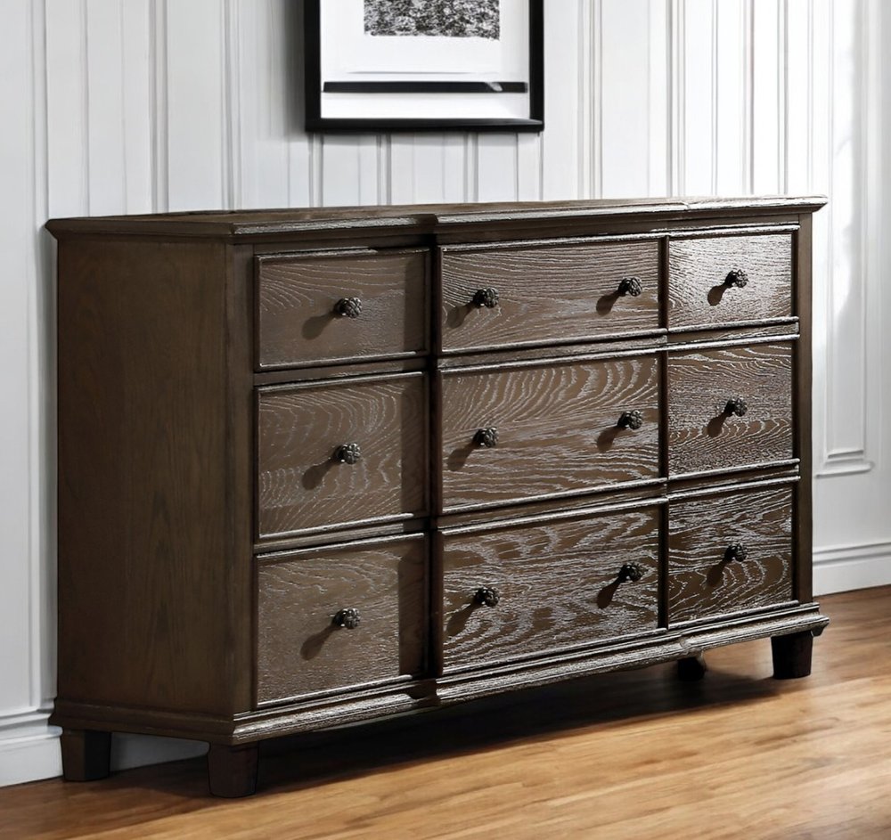 Dark Brown Solid Wood Nine Drawer Double Dresser - 60-inch