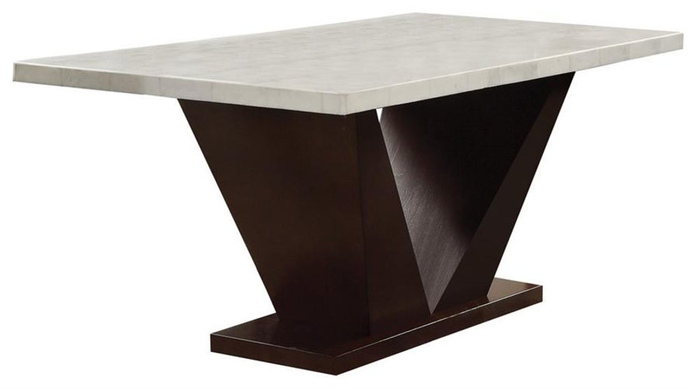 White and Dark Brown Marble and Solid Manufactured Wood Pedestal Base Dining Table