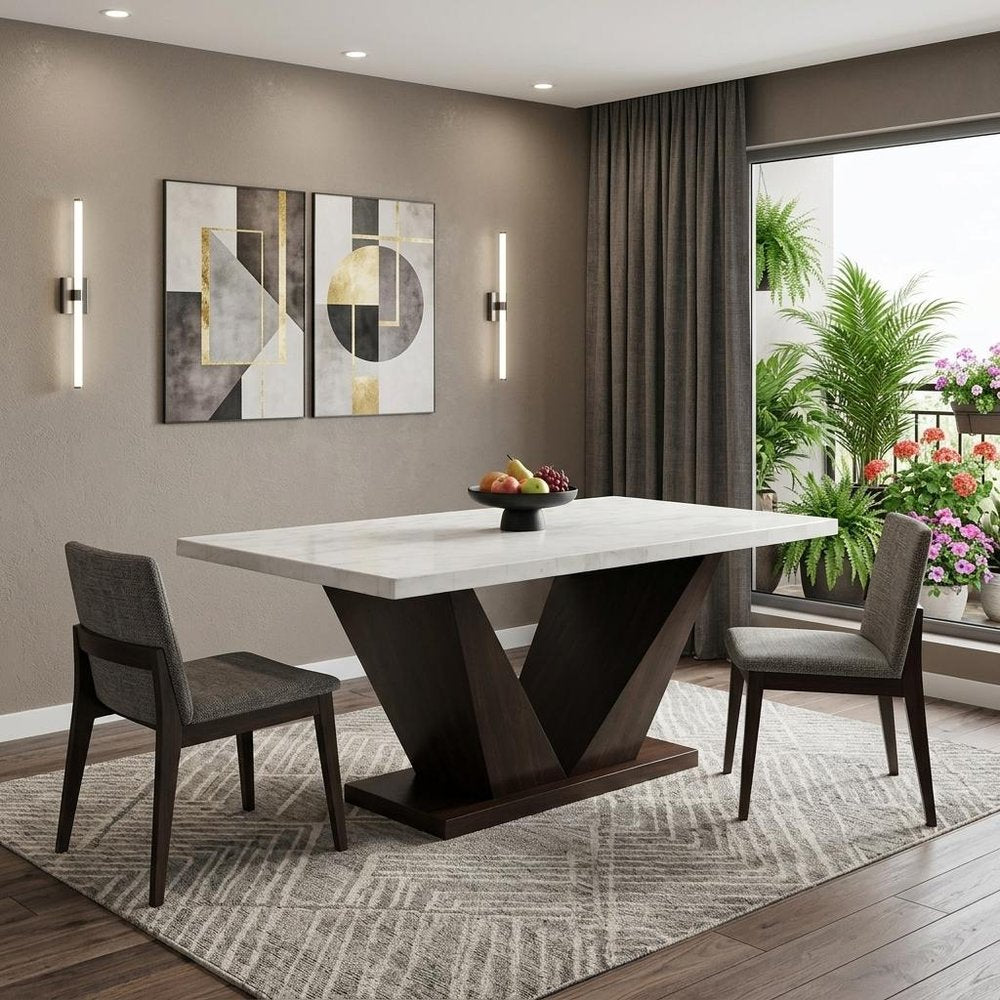White and Dark Brown Marble and Solid Manufactured Wood Pedestal Base Dining Table