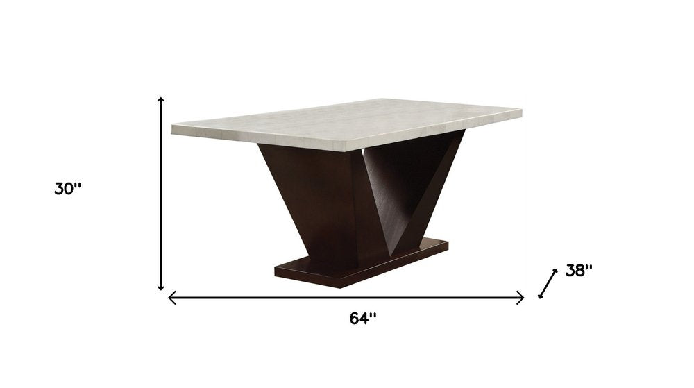 White and Dark Brown Marble and Solid Manufactured Wood Pedestal Base Dining Table