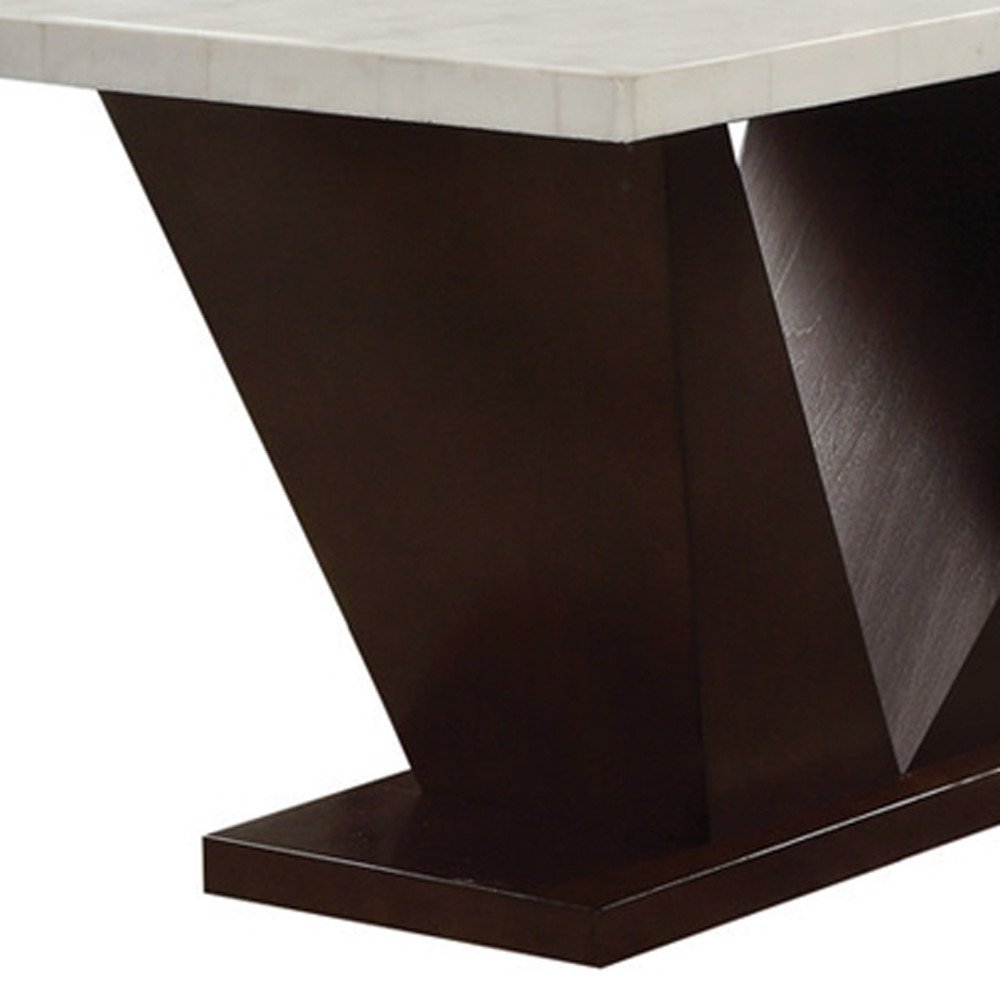 White and Dark Brown Marble and Solid Manufactured Wood Pedestal Base Dining Table