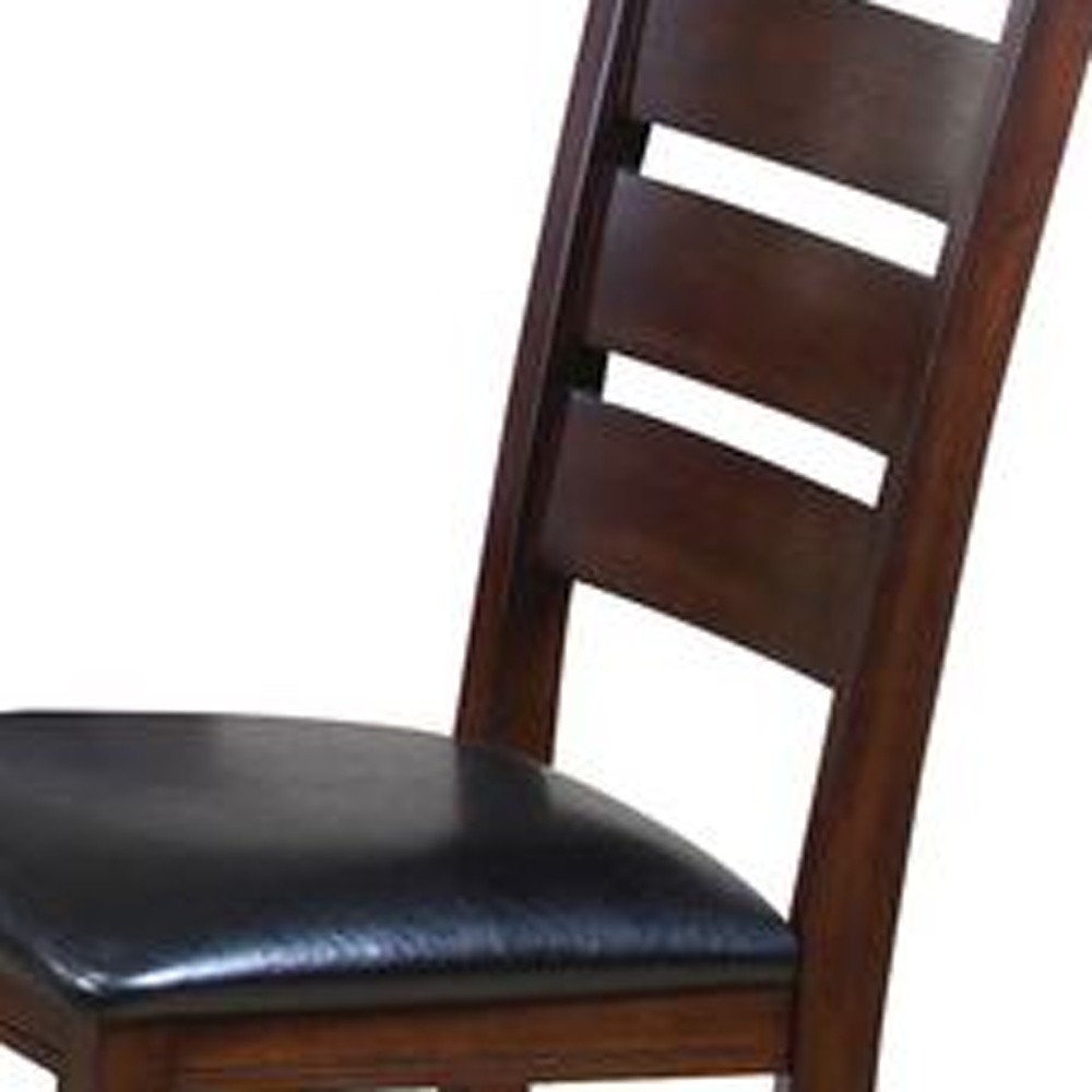 Set of Two Espresso and Brown Upholstered Faux Leather Ladder Back Dining Side Chairs