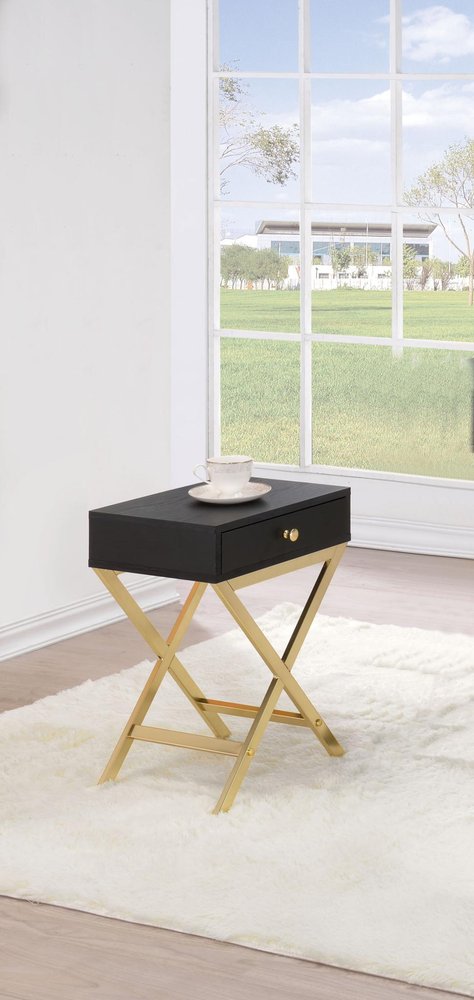 Gold and Black Solid Wood End Table with Drawer - 24-inch