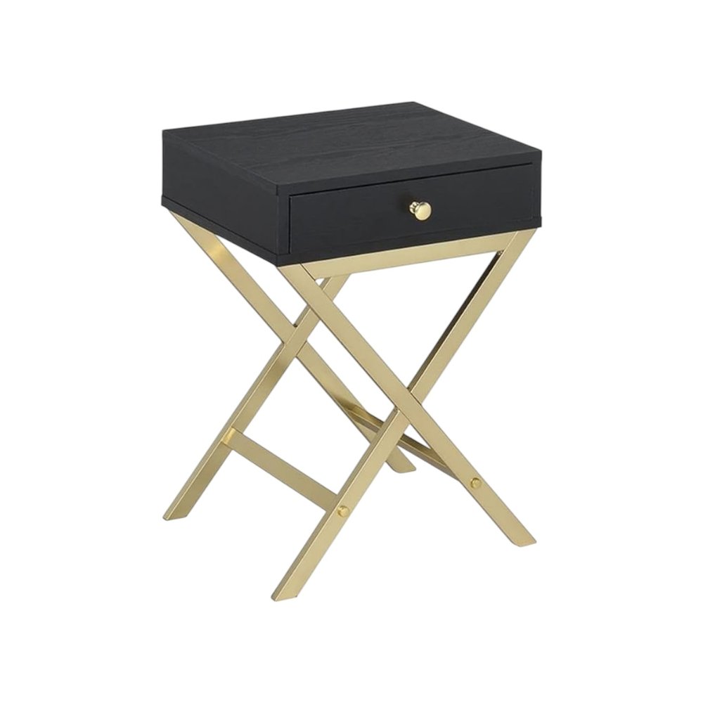 Gold and Black Solid Wood End Table with Drawer - 24-inch