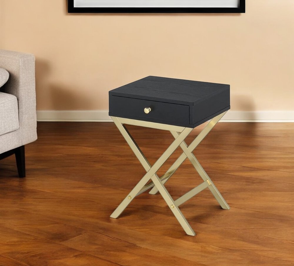 Gold and Black Solid Wood End Table with Drawer - 24-inch