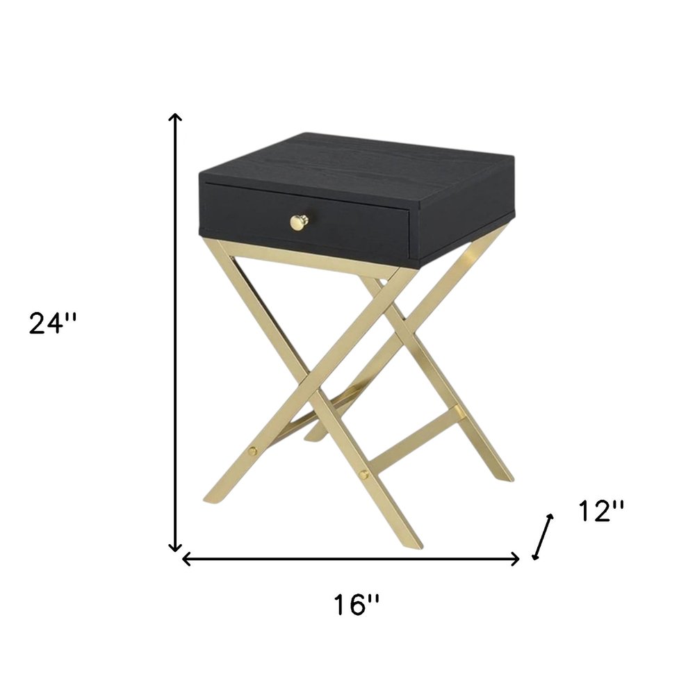 Gold and Black Solid Wood End Table with Drawer - 24-inch