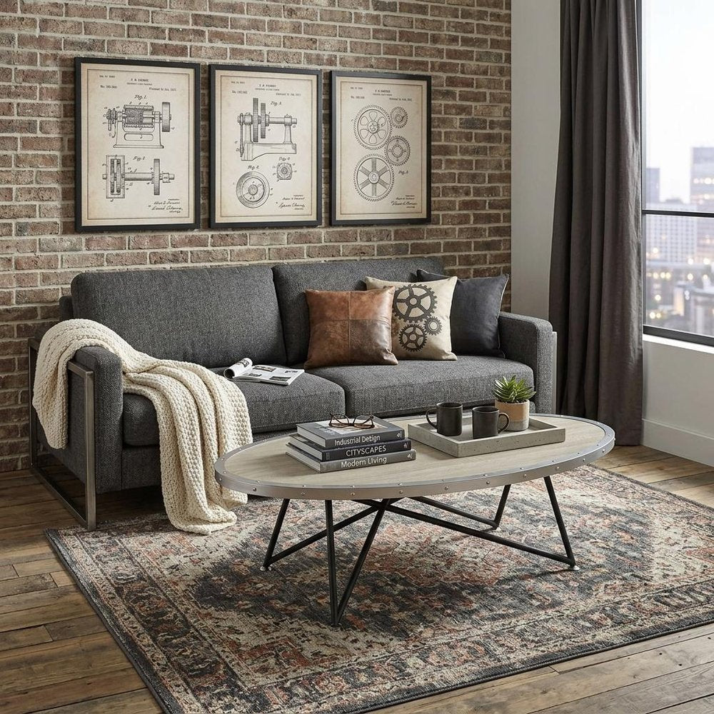 Gray and Black Wood and Iron Oval Coffee Table - 46-inch