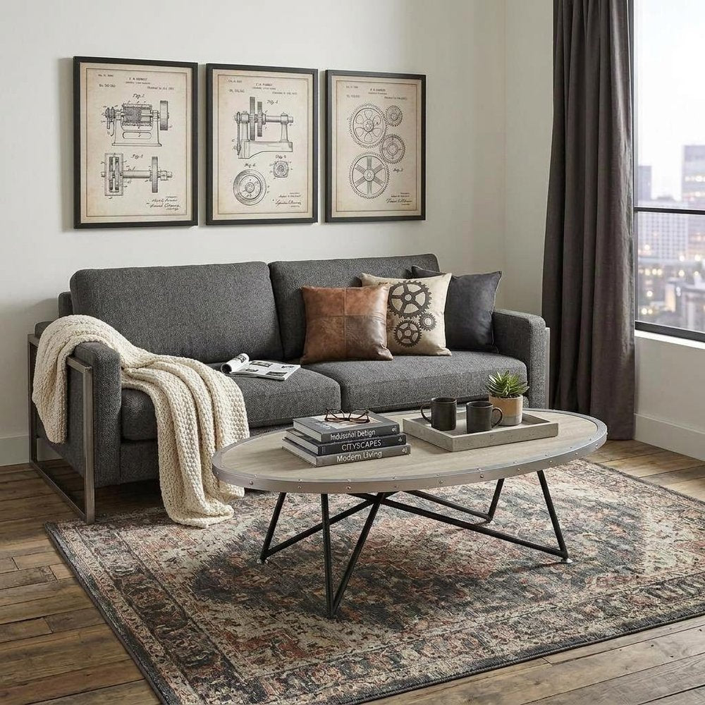 Gray and Black Wood and Iron Oval Coffee Table - 46-inch