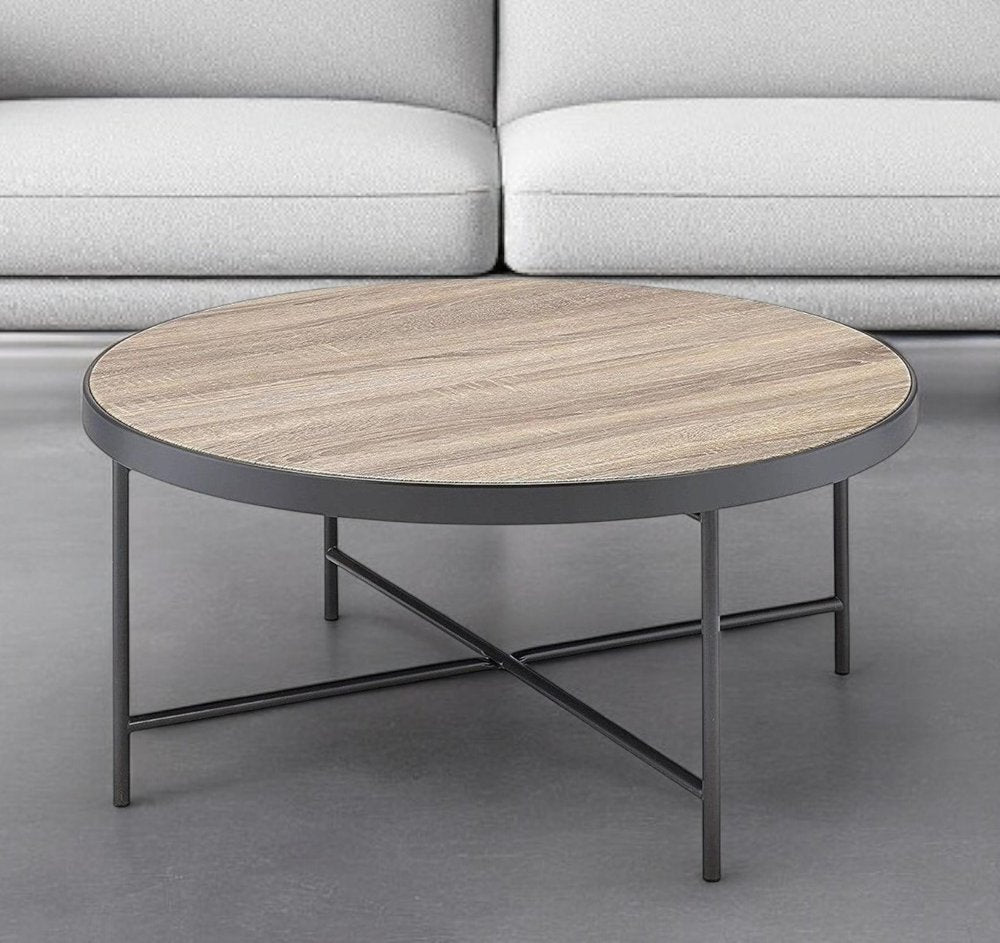Brown and Black Wood and Iron Round Coffee Table - 32-inch