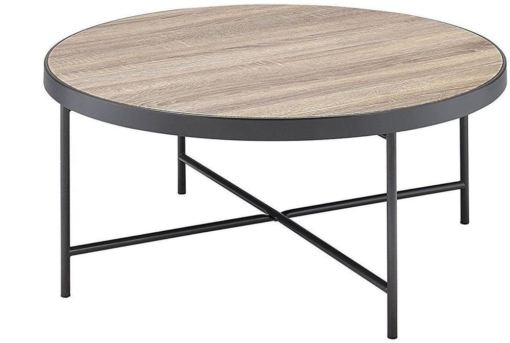 Brown and Black Wood and Iron Round Coffee Table - 32-inch
