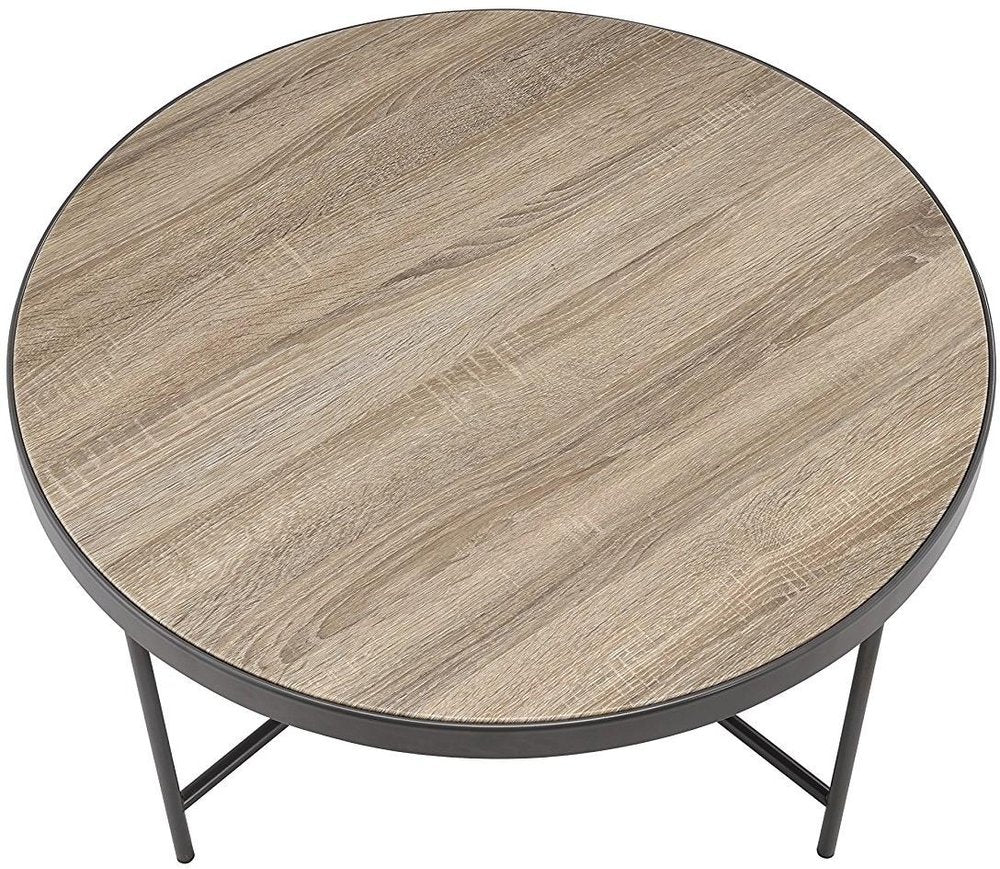 Brown and Black Wood and Iron Round Coffee Table - 32-inch