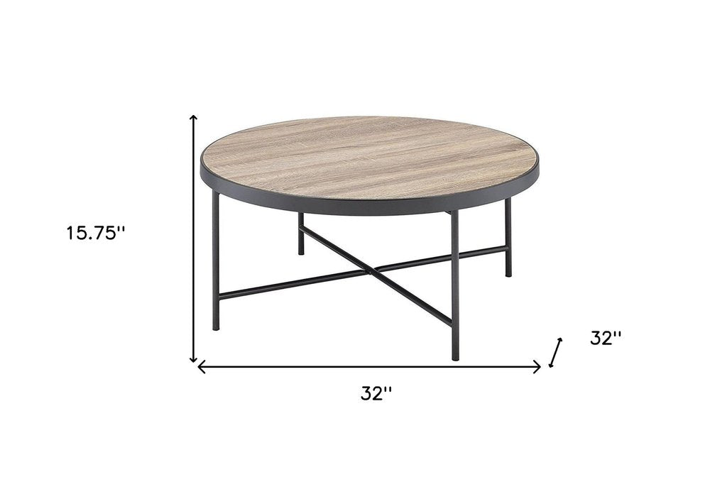 Brown and Black Wood and Iron Round Coffee Table - 32-inch