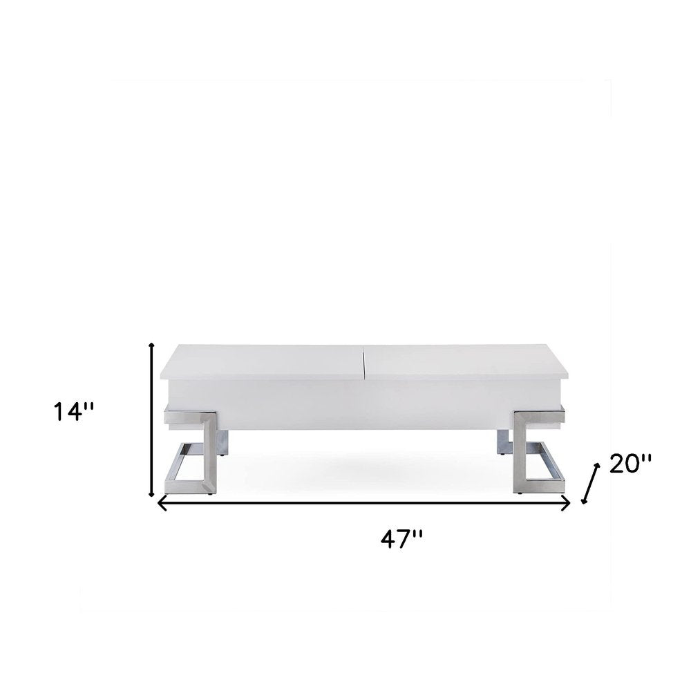 White and Silver Wood and Metal Lift Top Sled Coffee Table - 47-inch