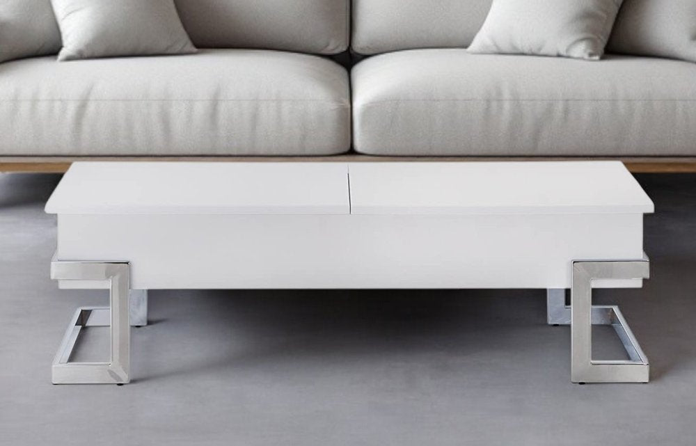 White and Silver Wood and Metal Lift Top Sled Coffee Table - 47-inch