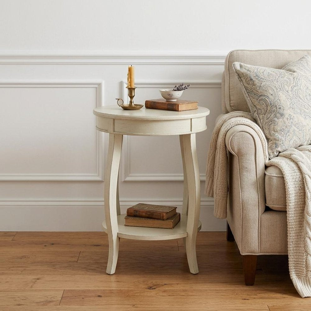 White Solid Wood Round End Table with Shelf - 24-inch