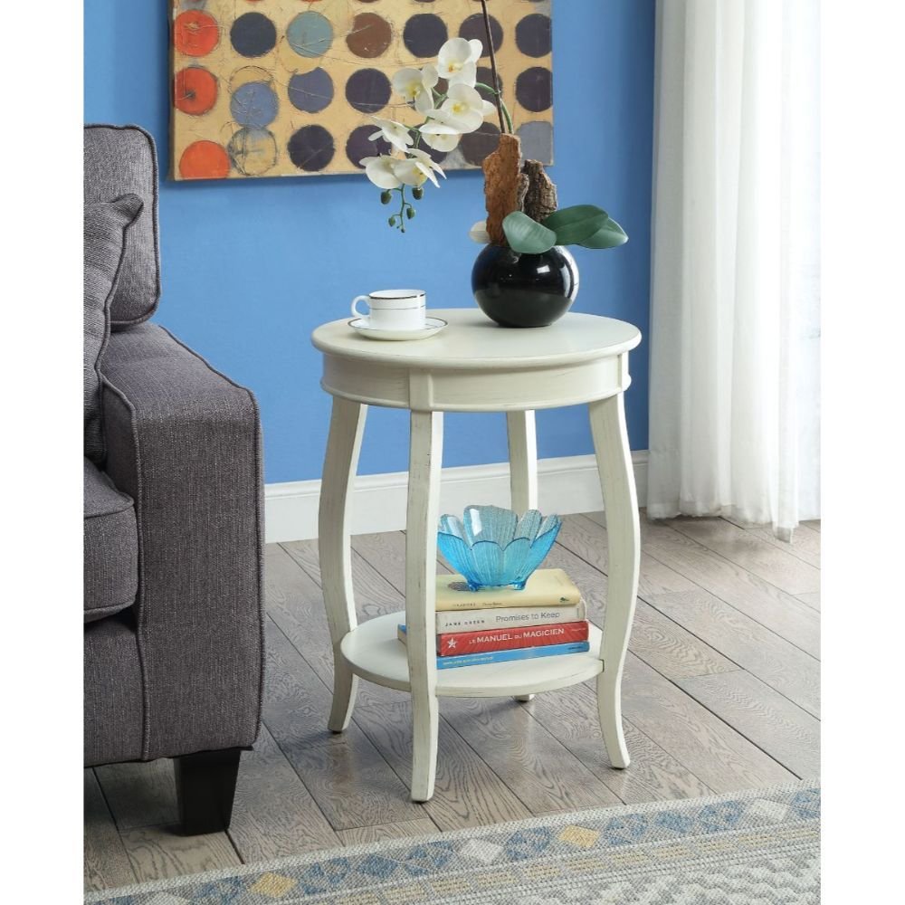 White Solid Wood Round End Table with Shelf - 24-inch