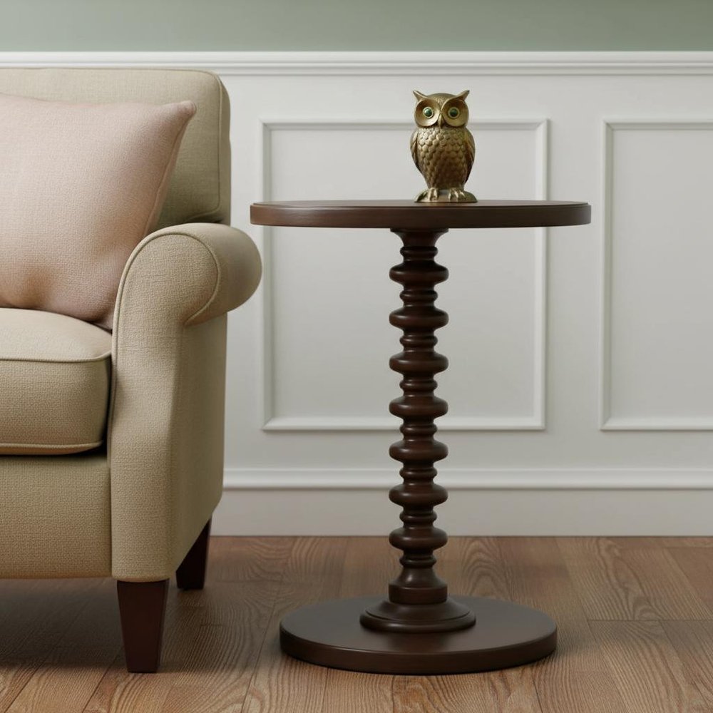 Brown Solid Wood Round Pedestal End Table - 22-inch