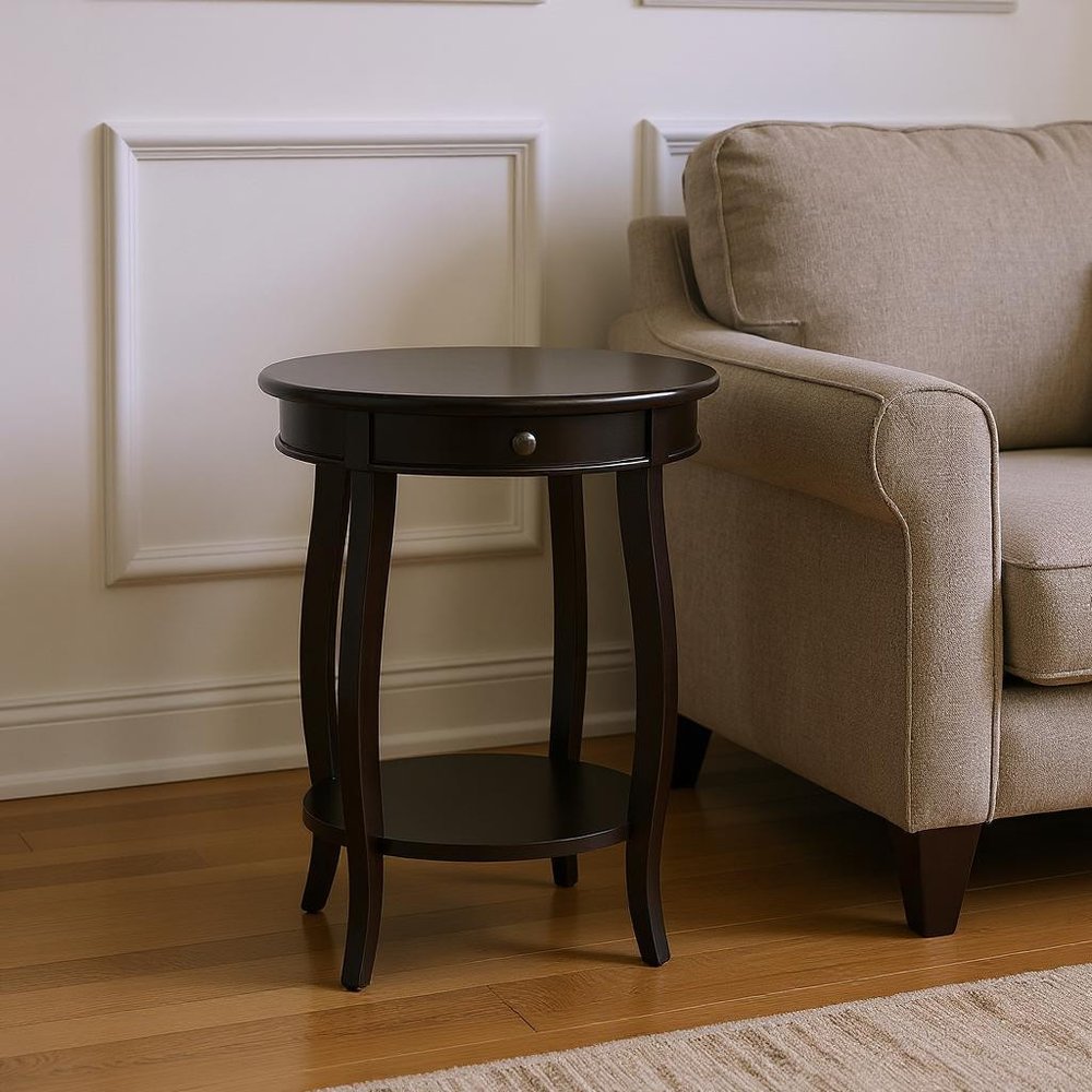 Black Wood Round End Table with Drawer and Shelf - 24-inch