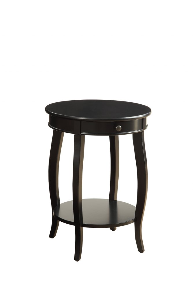 Black Wood Round End Table with Drawer and Shelf - 24-inch