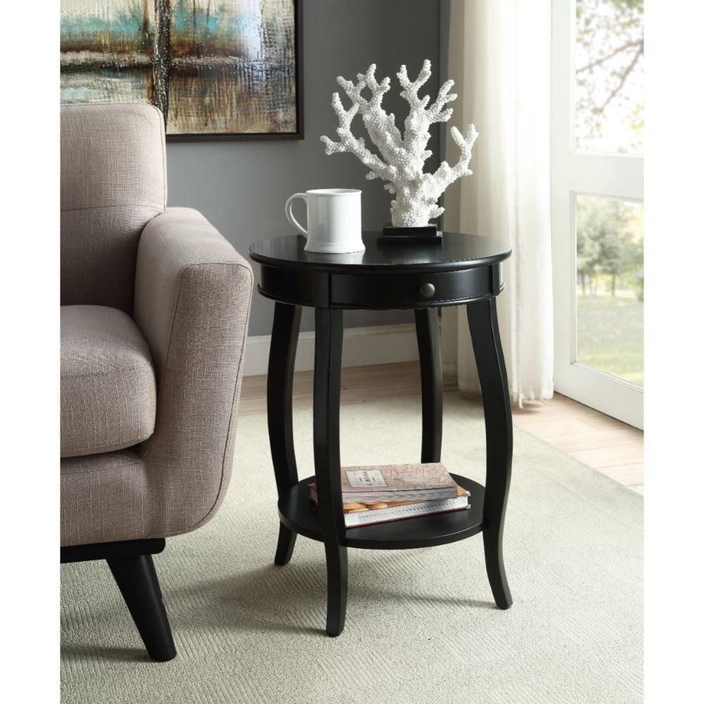 Black Wood Round End Table with Drawer and Shelf - 24-inch